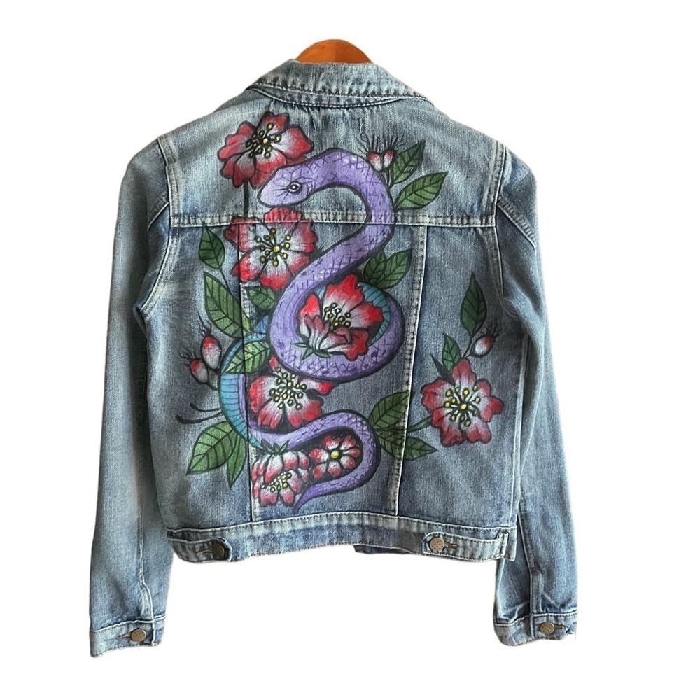 Custom Painted Denim Jean Jacket Snake & Wild Roses Light Wash Size S-M Original